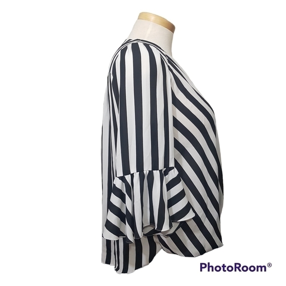 Inc International Concepts Striped Faux Wrap Bell Sleeve Sheer Blouse - Picture 3 of 11